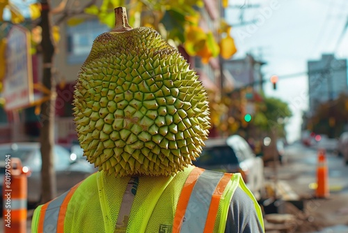A jackfruit in a utility vest, managing a construction site photo