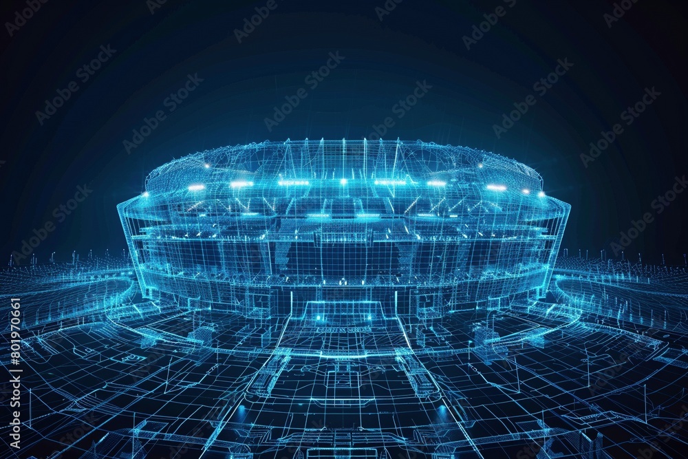 Obraz premium A holographic blueprint of a football stadium, its iconic form outlined in intricate neon blue patterns, suspended against a dark void.