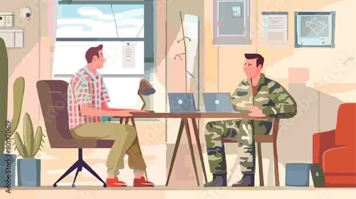 Male psychologist working with mature soldier in offi