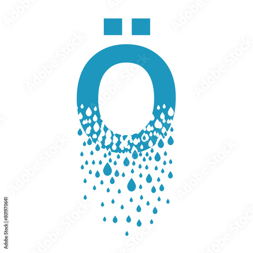 The letter o with umlaut dissolves into droplets. Drops of liquid fall out as precipitation. Destruction effect. Dispersion