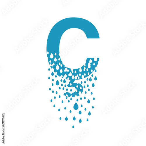 Azerbaijan or Turkish letter with effect of dissolves into droplets. Drops of liquid fall out as precipitation. Destruction effect. Dispersion