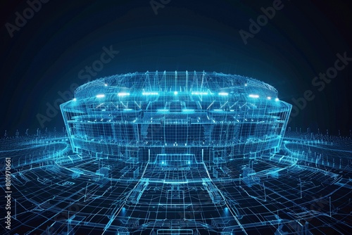 A holographic blueprint of a football stadium, its iconic form outlined in intricate neon blue patterns, suspended against a dark void.