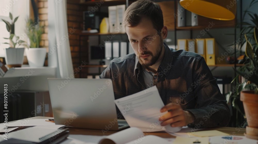 A diligent professional accountant performs financial analysis and tax reporting in the office using a laptop and documents. A diligent professional accountant performs financial analysis and tax reporting in the office using a laptop and documents.
