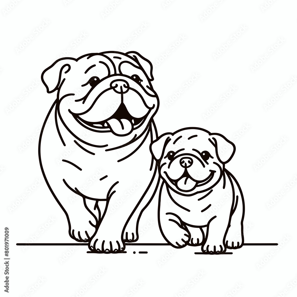 Obraz premium A simple line drawing of a bulldog and a puppy.