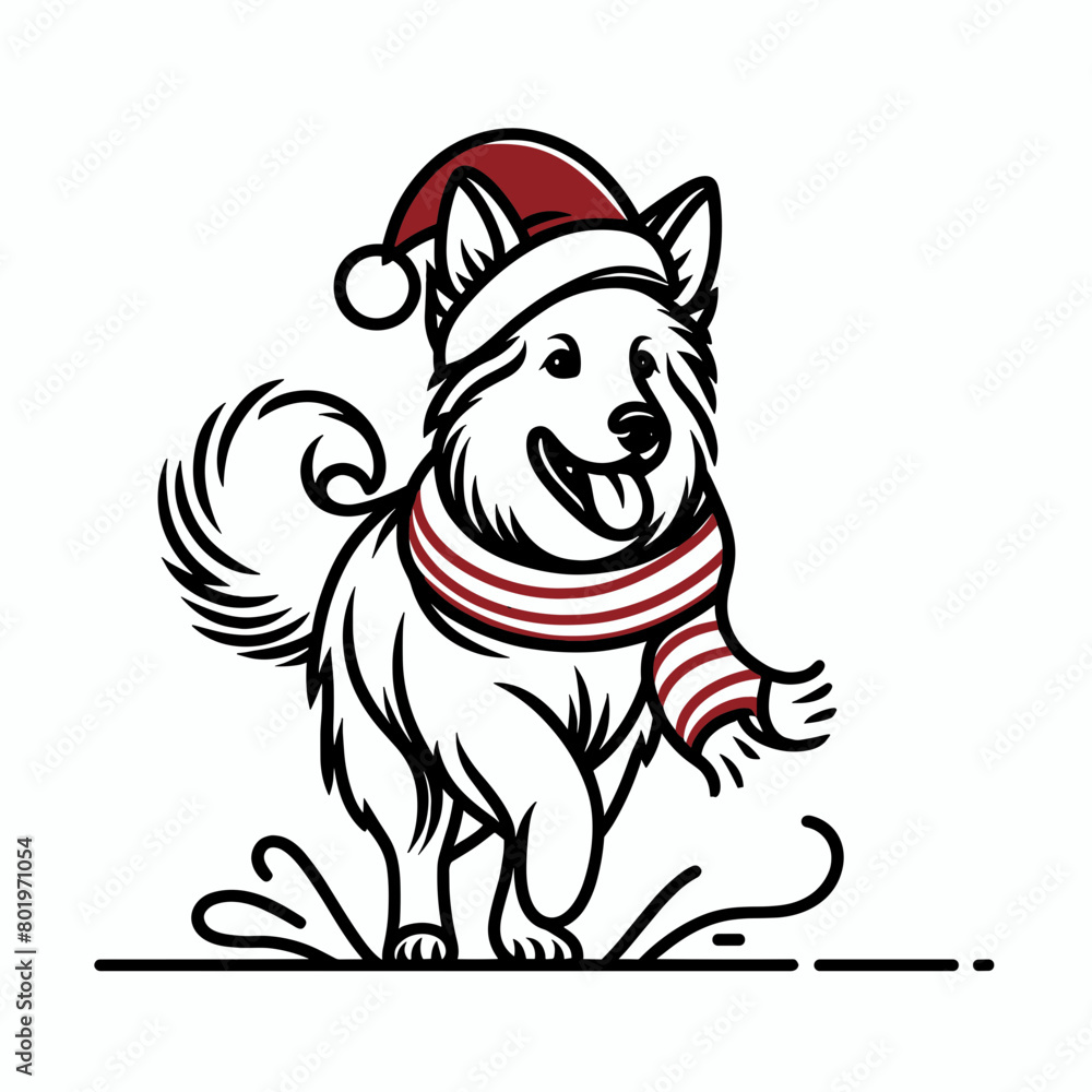A simple line drawing of a dog wearing a Santa hat and scarf. A simple line drawing of a dog wearing a Santa hat and scarf.