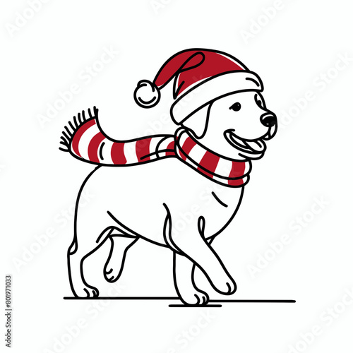 A simple line drawing of a dog wearing a Santa hat and scarf.