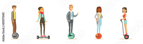 Young Man and Woman Ride Unicycle and Hoverboard Vector Set