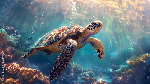 A serene turtle swimming gracefully through a crystal-clear coral reef 4k wallpaper