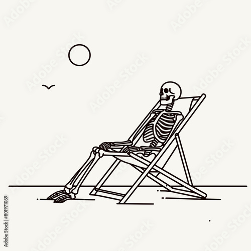 A skeleton sitting in a lawn chair, wearing sunglasses, and holding a drink.