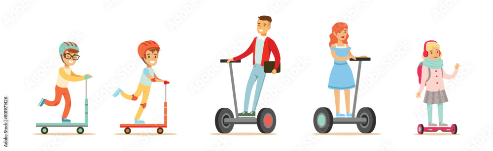 Young Man and Woman with Kid Ride Scooter and Hoverboard Vector Set