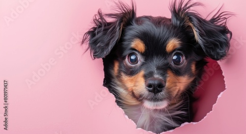 Cute puppy peeking out of hole in pink wall photo