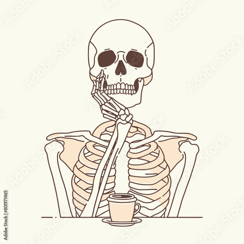 A skeleton wearing a suit is drinking coffee and thinking about something.