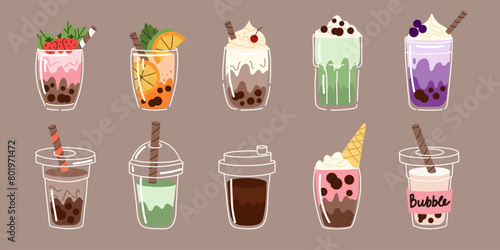 Bubble tea. Coffee and milkshakes with boba balls. Summer cold drink with tapioca pearls. Glass and takeaway plastic cups. Fruit yummy smoothie. Doodle drawing. Cute cartoon isolated illustration