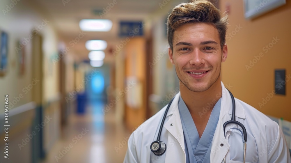 Smiling male doctor in hospital hallway Smiling male doctor in hospital hallway