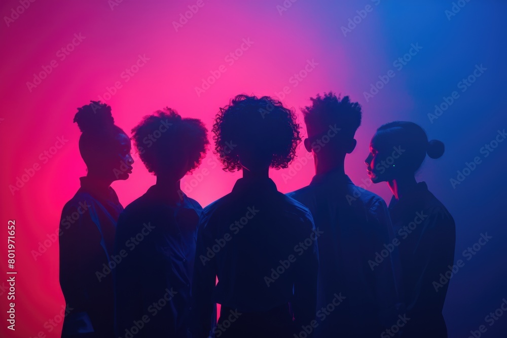 Group of people standing in front of red and blue background