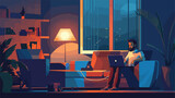 Man with laptop late in evening at home Vector illustration