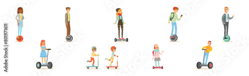 Young Man and Woman with Kid Ride Scooter and Hoverboard Vector Set