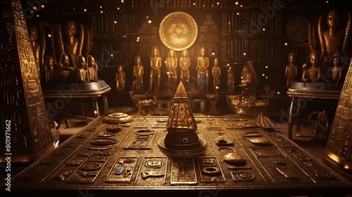 Treasure of ancient egypt. Set of sacred symbols and ornaments of ancient Egypt. Image of inside an ancient Egyptian pyramid, with various artifacts on the ground and heliographs on the walls. photo