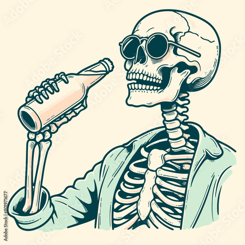 A skeleton wearing sunglasses is drinking a beer.