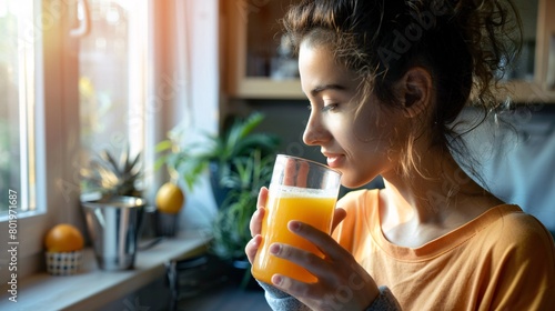 Female consuming organic citrus-based amino acid vitamin powder as a post-workout liquid meal to aid in weight loss and boost immune system.