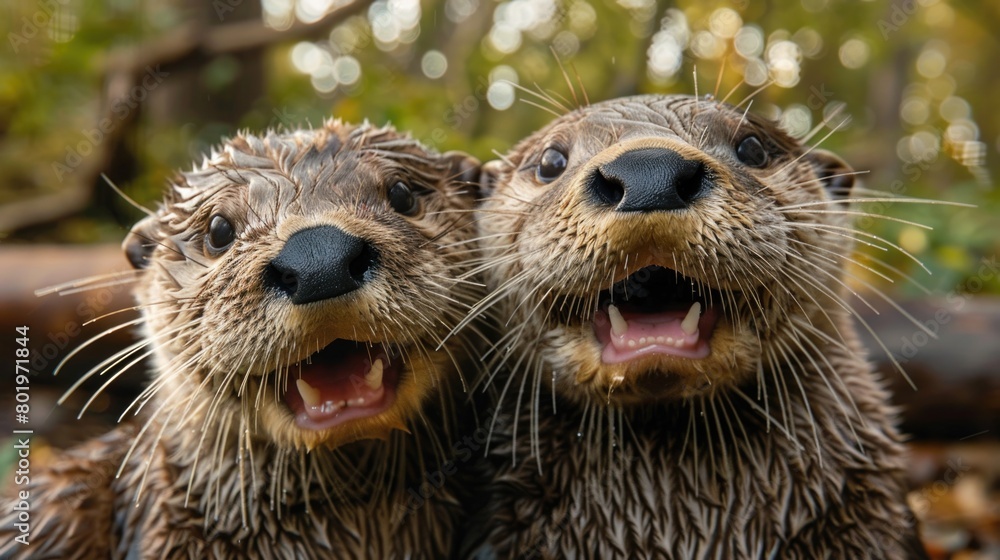 Two wet otters with open mouths Two wet otters with open mouths