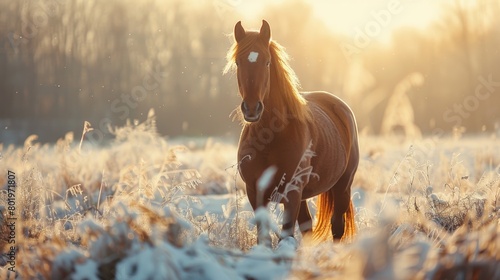 Horse standing in tall grass winter photo