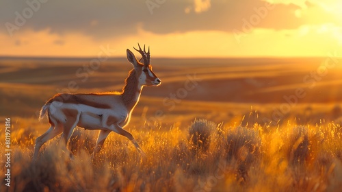 A solitary pronghorn antelope moving gracefully across the North American prairie,4k wallpaper photo