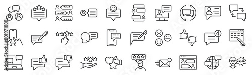 Set of 30 outline icons related to feedback. Linear icon collection. Editable stroke. Vector illustration