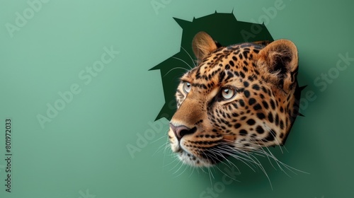 Beautiful leopard pokes its head out of a hole in a green wall. Banner with copy space. The theme of protecting wild animals.
