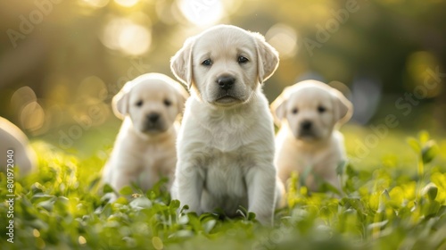 Group of puppies sitting in grass
