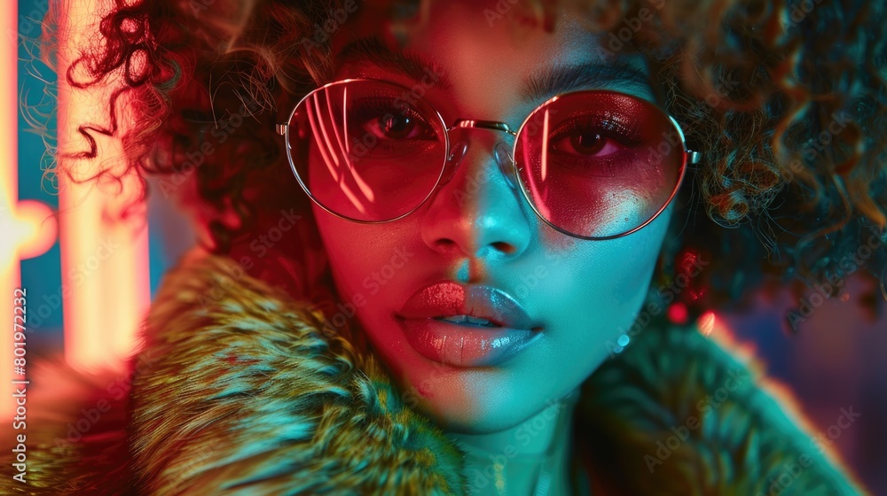 Beautiful woman model wearing bright sunglasses and a faux fur coat. Theme of creative expression and glamor