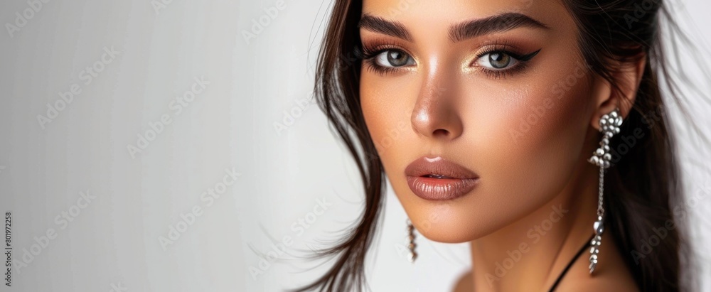 Beautiful woman model in precious earrings in a black dress posing on a light gray background. Banner with copy space. Beautiful woman model in precious earrings in a black dress posing on a light gray background. Banner with copy space.
