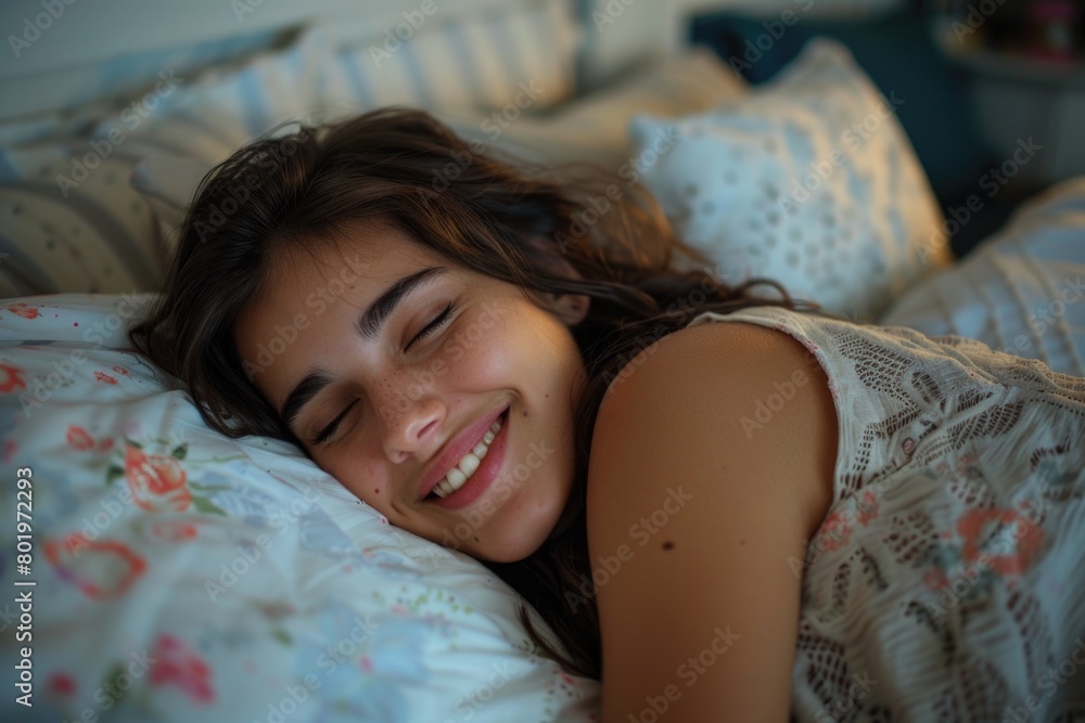 Young woman laying in bed with eyes closed Young woman laying in bed with eyes closed