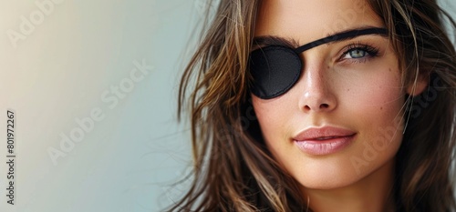 Beautiful woman with an adjustable medical black patch on one eye. For the treatment of strabismus, lazy eye and amblyopia. Banner with copy space.