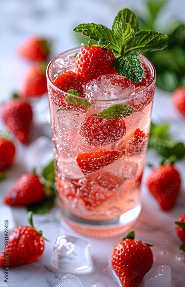 Strawberry mocktail garnished with fresh mint leaves, presented elegantly against a clean white backdrop Strawberry mocktail garnished with fresh mint leaves, presented elegantly against a clean white backdrop