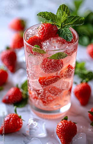 Wallpaper Mural Strawberry mocktail garnished with fresh mint leaves, presented elegantly against a clean white backdrop Torontodigital.ca