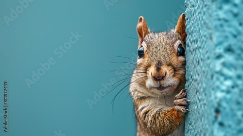 Cute squirrel peeking behind wall photo