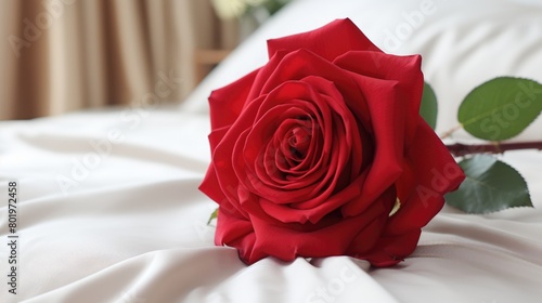 Red rose on white bed. Theme of romance and love relationships.