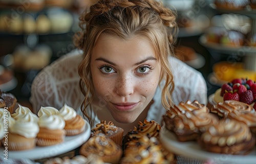 famished woman indulges in cakes, pastries, and croissants, savoring each delectable bite hungrily photo