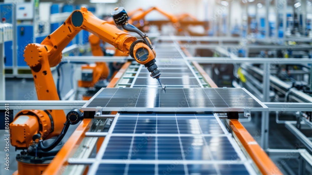 Close-up of an orange industrial robot manipulator on a production line in a factory. Automated production of solar panels on the conveyor. High Technologies, the Future, concepts.