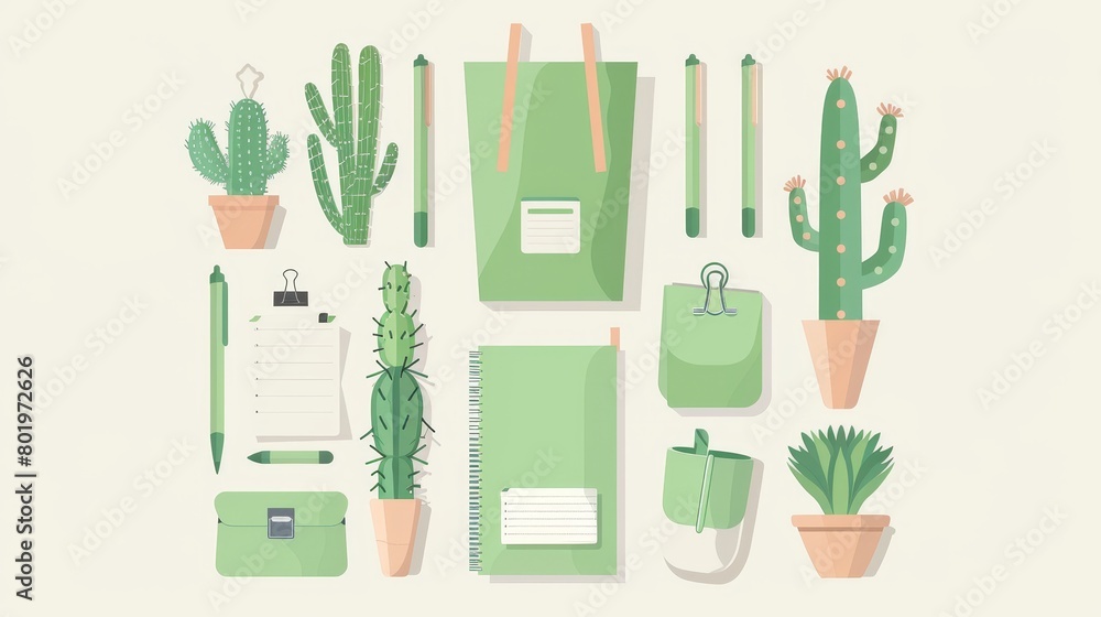 The image contains a collection of green office supplies including a stapler, notebooks, a pencil case, pencils, a handbag, and potted cacti. The image contains a collection of green office supplies including a stapler, notebooks, a pencil case, pencils, a handbag, and potted cacti.