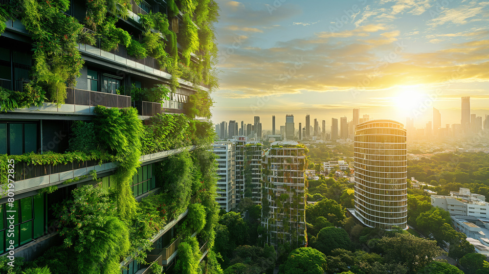 Sustainable future city with green rooftops and renewable energy ...
