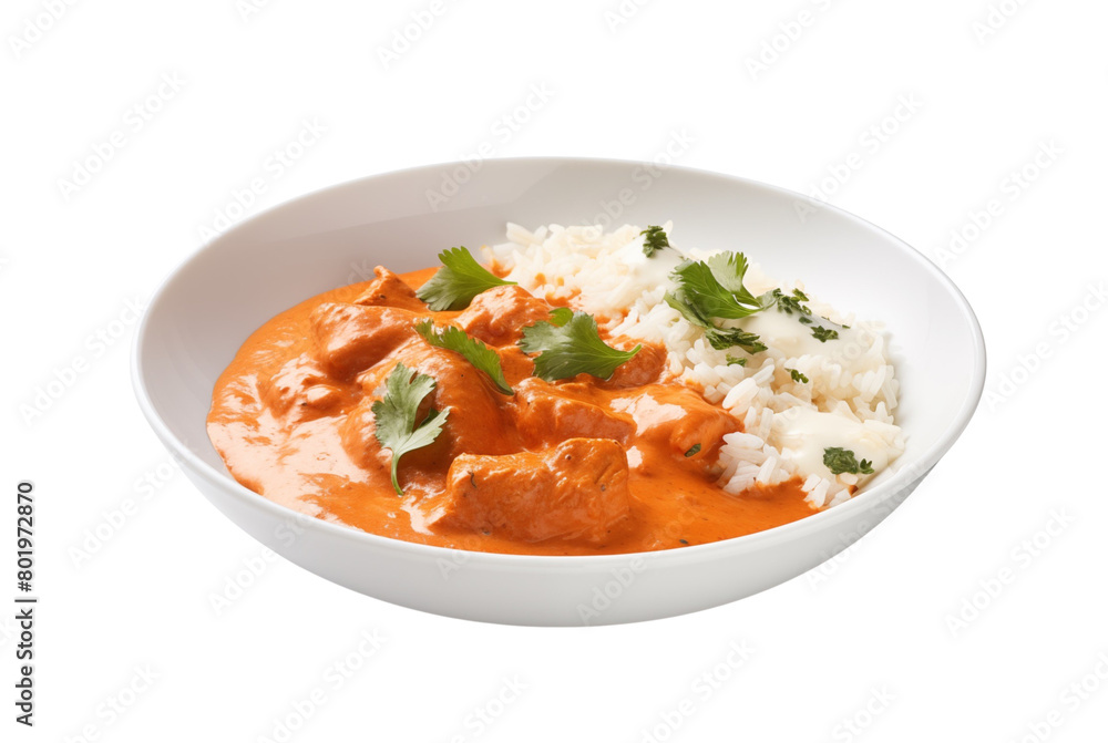 Chicken tikka masala over fluffy white rice in a bowl, garnished with a sprig of cilantro, a classic Indian dish. Generative AI Chicken tikka masala over fluffy white rice in a bowl, garnished with a sprig of cilantro, a classic Indian dish. Generative AI