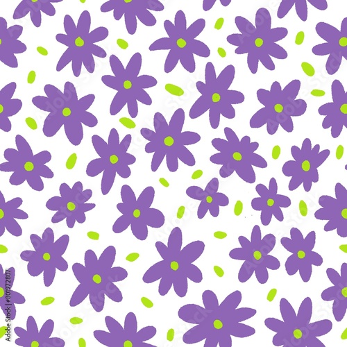 Purple Ditsy Hand Drawn Flowers Seamless Pattern