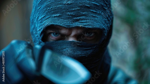 Man in black balaclava holding knife photo