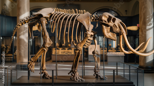 Skeletal remains of a mammoth displayed in a museum setting