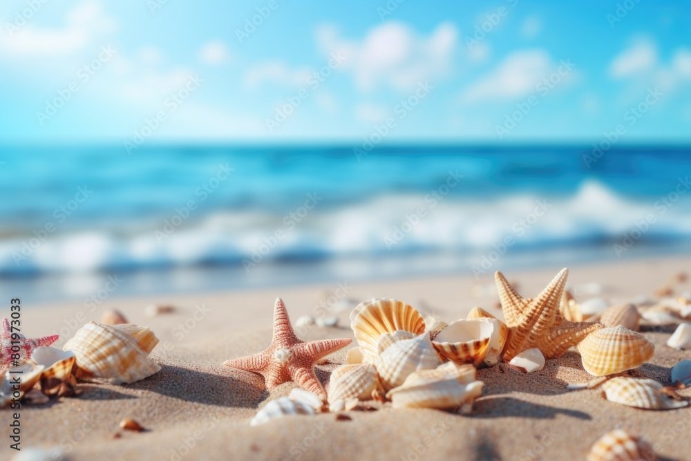 Seashells lie on a sandy beach with a huge ocean in the background under a blue sky. Seashells lie on a sandy beach with a huge ocean in the background under a blue sky.