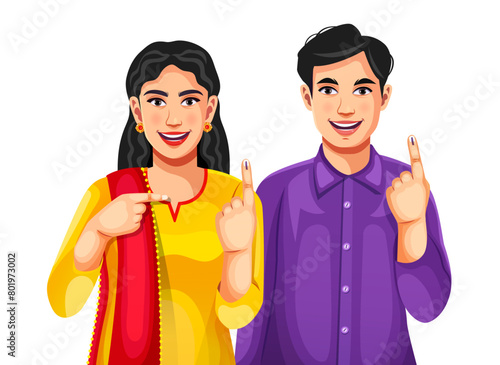 Indian people show their ink-mark fingers after casting a vote in the election. Indian election concept character design