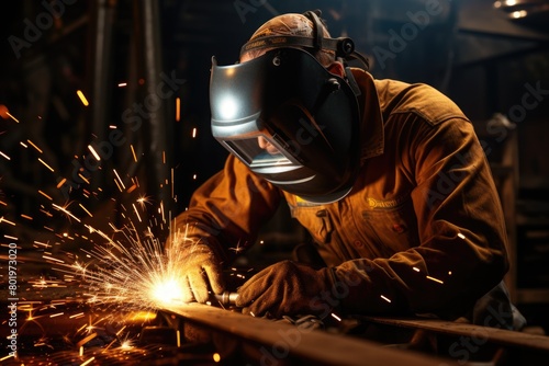 Welder skillfully working on metal fabrication © Boomanoid