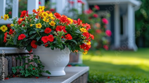 Wallpaper Mural Bright flowers in a pot on the steps of a house overlooking the lawn Torontodigital.ca